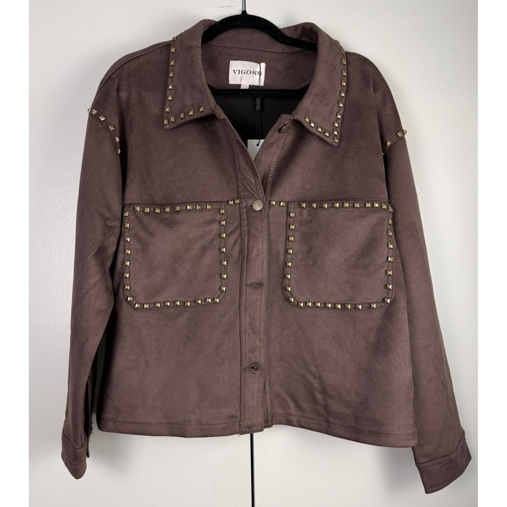 Vigoss Brown Faux Suede Studded Jacket Shacket Large NEW VC-J03102A Cowgirl Core